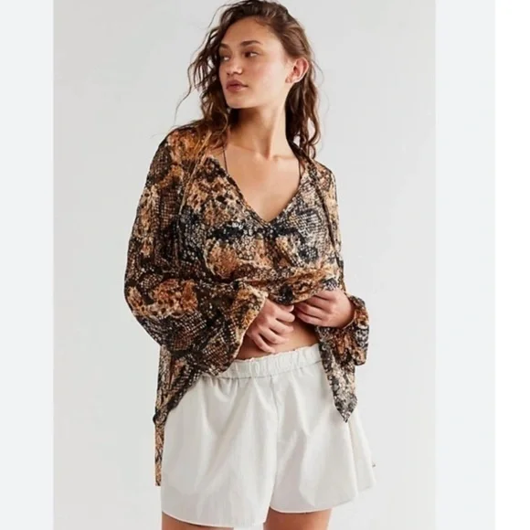 Free People Out For The Night Snake Print Sheer Blouse Oversized Boho Revolve S - Picture 1 of 13
